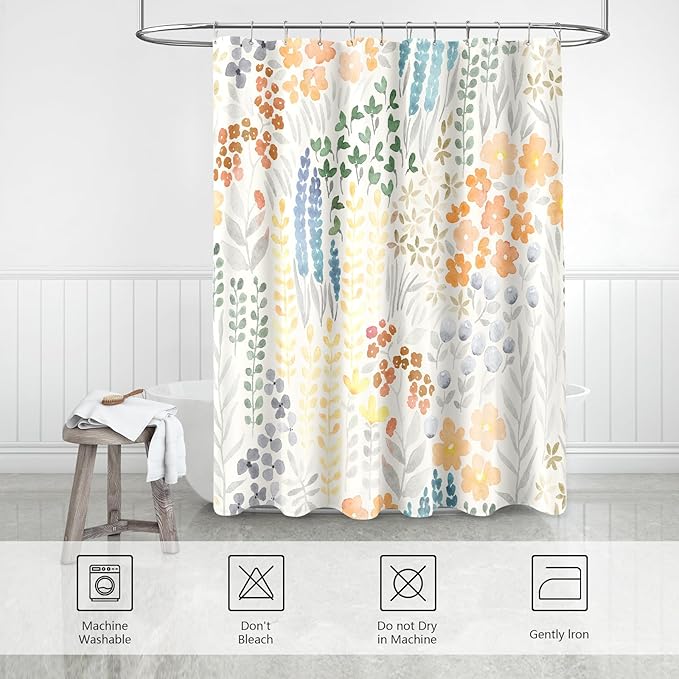 Cute Floral Shower Curtain, Orange Yellow Boho Flower Fabric Shower Curtain, Funky Watercolor Wildflower Shower Curtain Set, Cottagecore Bohemian Bathroom Decor, 72x72