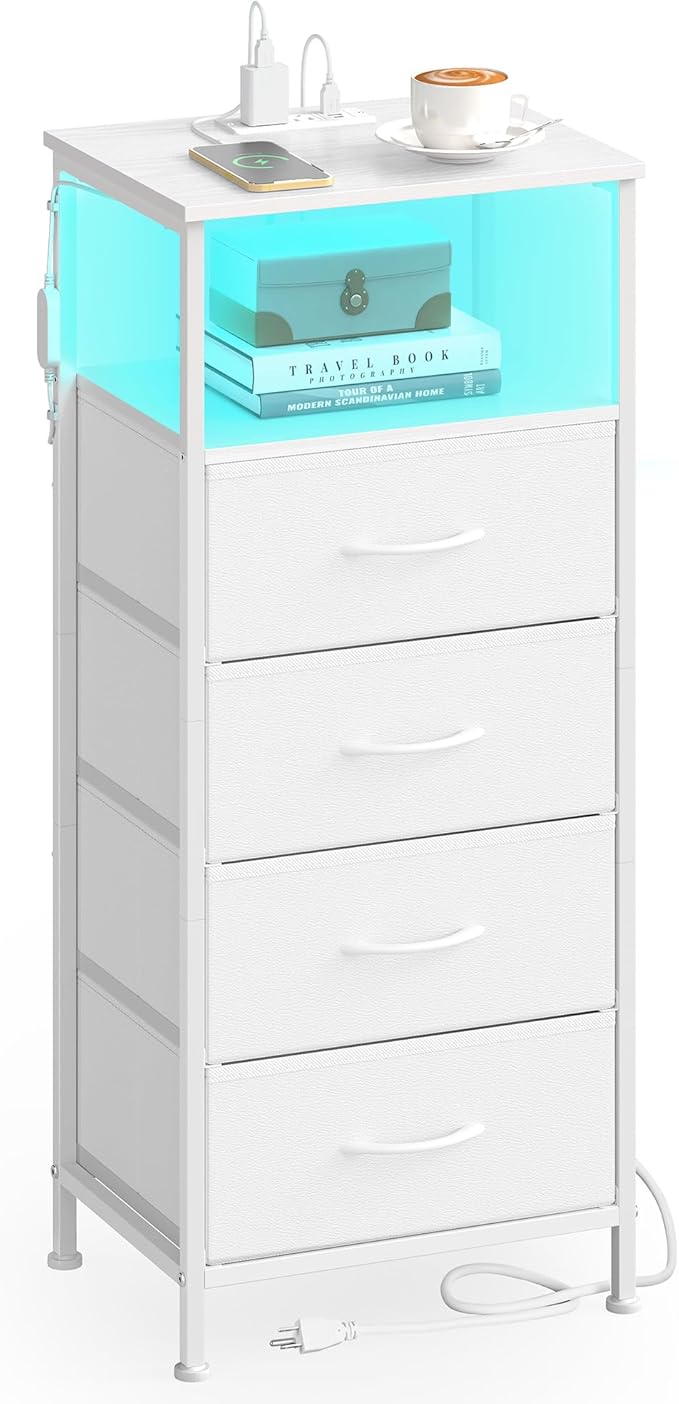 SONGMICS BELLAH Collection - Nightstand with Charging Station and App-Controlled Adjustable LED Lights, Bed Side Table, 4 Drawer and 1 Open Shelf, Bedroom, Cloud White and Snow White ULGS304WH01S