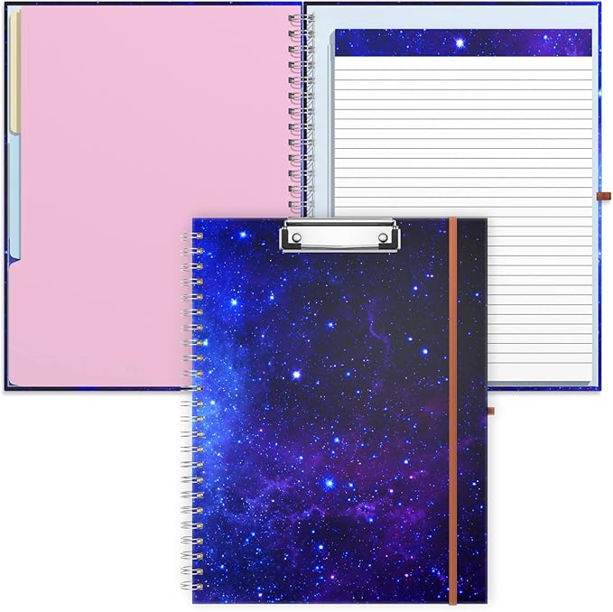 Rimilak Spiral Clipboard Folio with Refillable Lined Notepad, 14.5 x 9.8 In, Hardcover Cover with 5 Interior Pockets, Elastic Band and Pen Loop Series. Cute Stylish Clipfolio, Purple Nebula