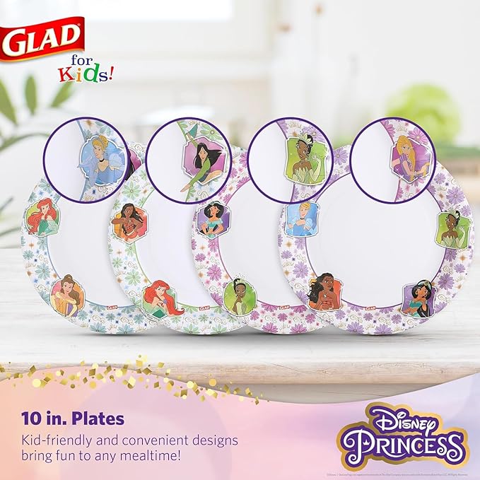 Glad for Kids Disney Princess Disposable Paper Plates, Floral Frames - Heavy Duty, Soak Proof, Microwavable, Kid-Friendly Snack Plates for Everyday Use, 10 Inch, 30 Count - 10 Pack