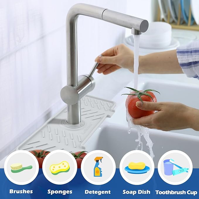 Meiliweser Silicone Faucet Mat for Kitchen Sink – Gen 3 10° Slope Splash Guard with Cuttable Hole – 14” x 5.5” Drip Catcher & Sponge Holder for Kitchen, Bathroom (Gray)