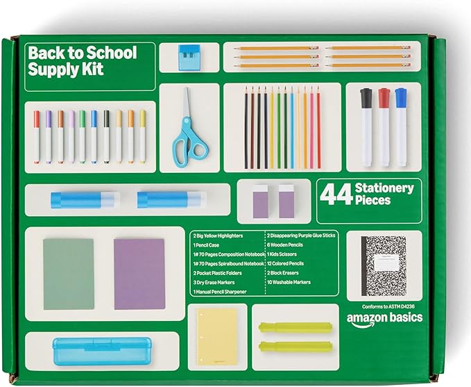 Amazon Basics 44-Piece School Supplies Student Success Kit - Complete School Supply Box with Study Essentials, Organization Tools & Classroom Basics, Multicolor