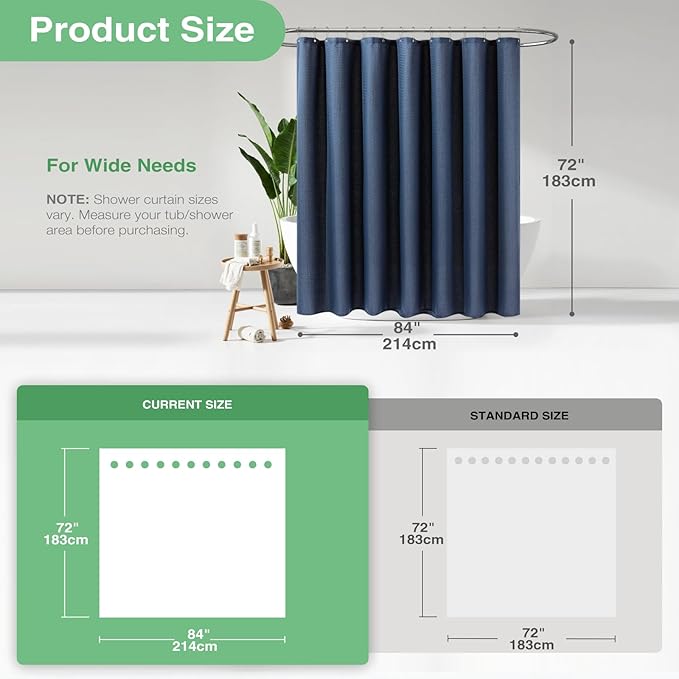 Dynamene Extra Wide Shower Curtain - 84 Inch Wide Waffle Weave Weighted Thick Cloth Bathroom Shower Curtain, Neutral Heavy Duty Hotel Bath Curtain Set with 14 Plastic Hooks, 84x72, Navy Blue