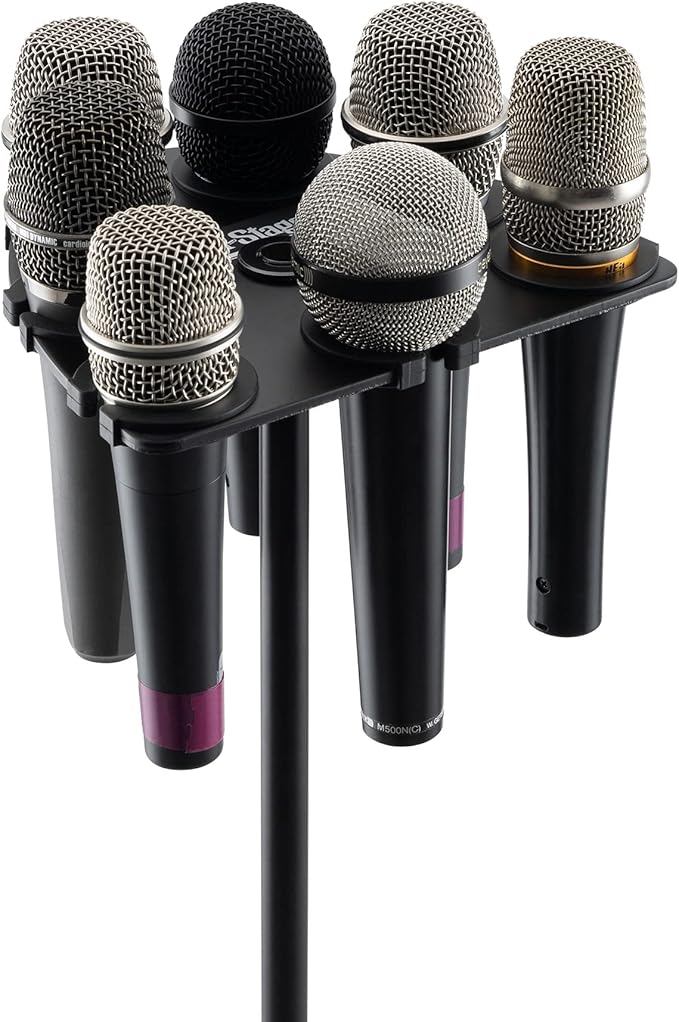 On-Stage MSA2700 Multi-Mic Holder (Microphone Organizer, Display, Caddy, Supports Handheld, Dynamic, Wired, and Wireless Mics, Aluminum, Silicone Padding, Black)