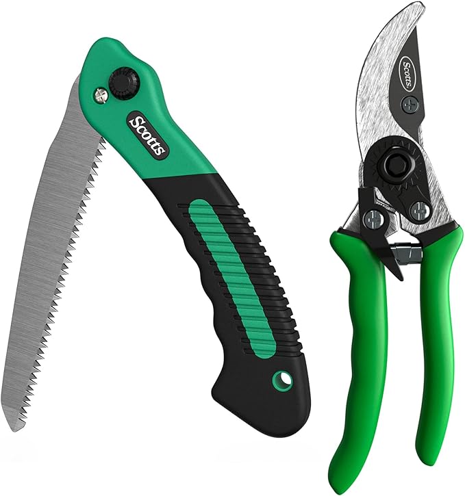 Scotts 2-Piece Pruning Tool Set – Includes 8 in. Bypass Pruning Shears for Live Plants and Soft Stems, and 7.5 in. Folding Saw for Cutting Thick Branches