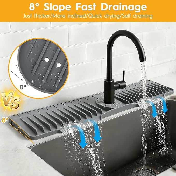 16" Silicone Faucet Mat for Kitchen Sink Released in 2025/12TH,8° Slope Fast Self-draining-Kitchen Sink Splash Guard,Bathroom Kitchen Sink Area Water Splash Guard Behind Faucet Draining Dark Grey