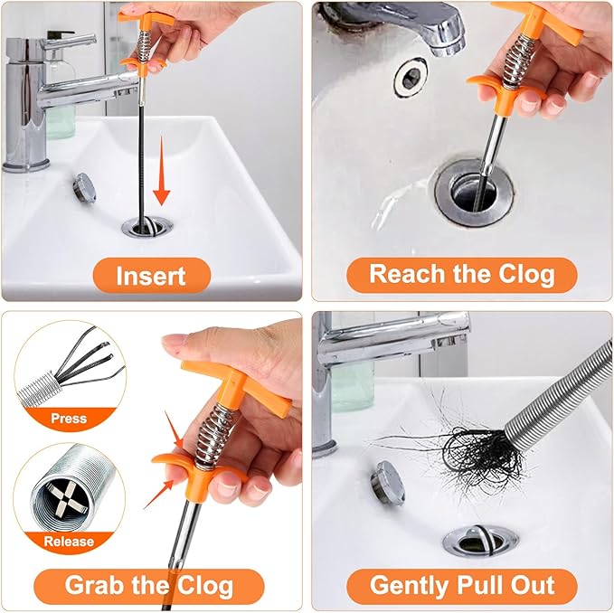 63 Inch Drain Snake Hair Drain Clog Remover Tool, Flexible Sink Snake Drain Cleaner Tool Set, Plumbing Snake for Toilet Sewer Shower Kitchen Bathroom Tub Clogged Hair Removal Cleaning Tool Set