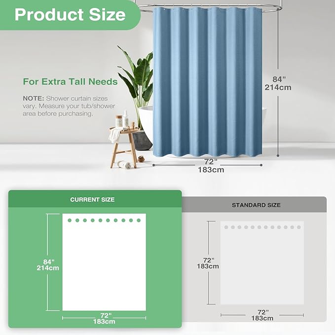 Dynamene Extra Long Shower Curtain - 84 Inch Long Blue Waffle Weave Heavy Duty Fabric Bathroom Shower Curtain, Weighted Hotel Thick Bath Curtain Set with 12 Plastic Hooks,72x84, Moonlight Blue