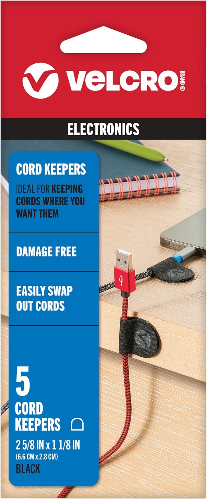 VELCRO Brand Cord Keepers | Charging Cord Organizer, Cord Holder for Nightstand, Desk | Removable Adhesive Backing | Soft Nylon Cable Clips | 5pk, Black