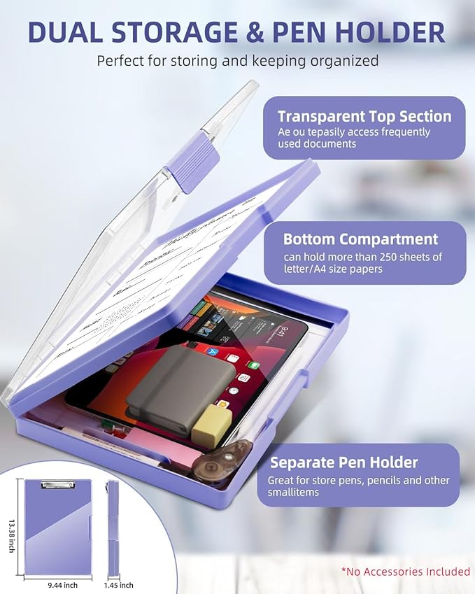 Clearview Clipboard with 2 Storage, Dry Erase 8.5x11 Heavy Duty ClipBoards - High Capacity Coaches Clip Board with Pen Holder - Side Opening Plastic Nursing Clip Case (Light Purple)