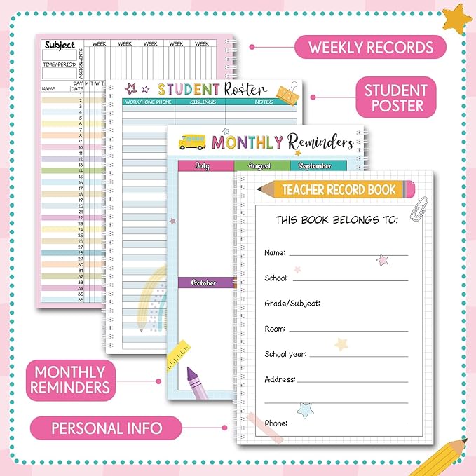 Retro Teacher Record Book Teacher Grade Book 2026-2027 Spiral Bound Record Class Planner 2026 Gradebook Office Favors for Classroom Attendance Supplies Double Sided Printing