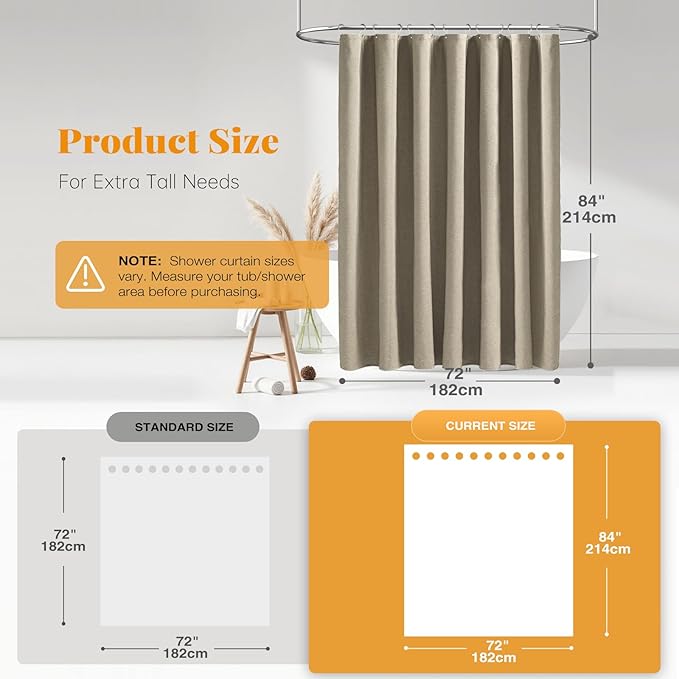 BTTN Extra Long Shower Curtain - 72 x 84 Inch Long Linen Textured Heavy Duty Fabric Shower Curtain Set with 12 Plastic Hooks, Large Hotel Spa Luxury Waterproof Shower Curtains for Bathroom - Khaki/Tan