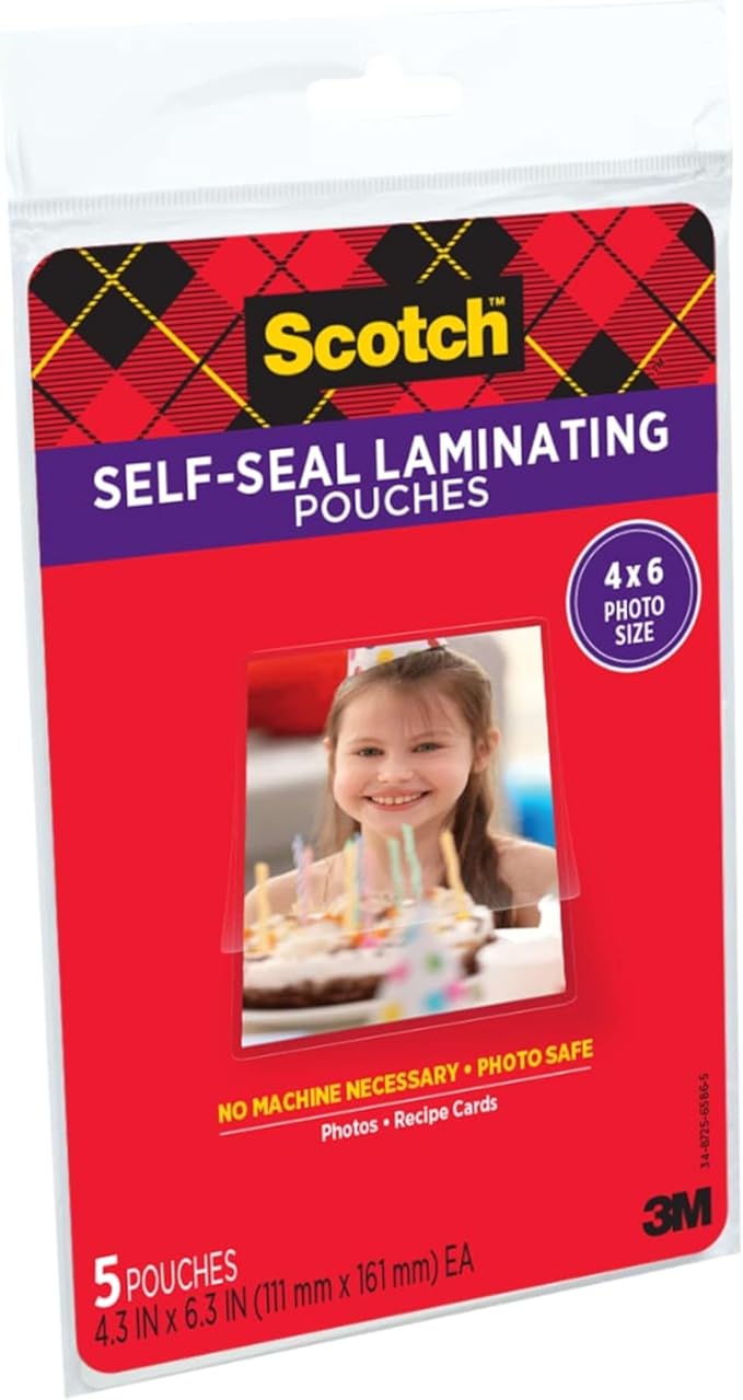 Scotch Self-Sealing Laminating Pouches, Gloss Finish, Photo Size 4 x 6 Inches, 5/Pack