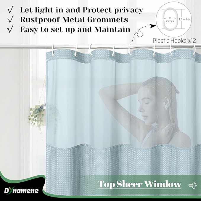 Dynamene Fabric Shower Curtain with Snap in Liner, Fog Blue Waffle Hotel Shower Curtains for Bathroom, Washable Waterproof Cloth Shower Curtain Liner Set with Hook, Mesh Top Window, 72x72, Fog Blue