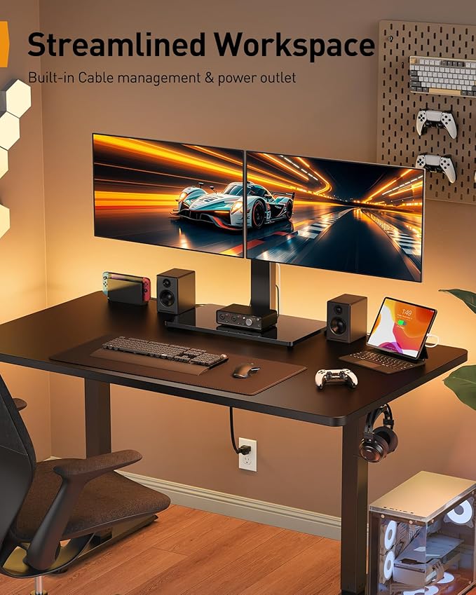 Perlegear Dual Monitor Stand with Power Strip, Freestanding Computer Monitor Stand for 2 Screens up to 32 Inch, Monitor Stand Riser with Glass Base and Adjustable Arms, Holds 22 lbs per Arm, PGTVS41B