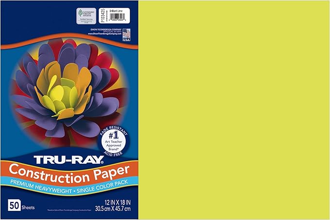 Tru-Ray® Construction Paper, 50% Recycled, 12" x 18", Brilliant Lime, Pack of 50