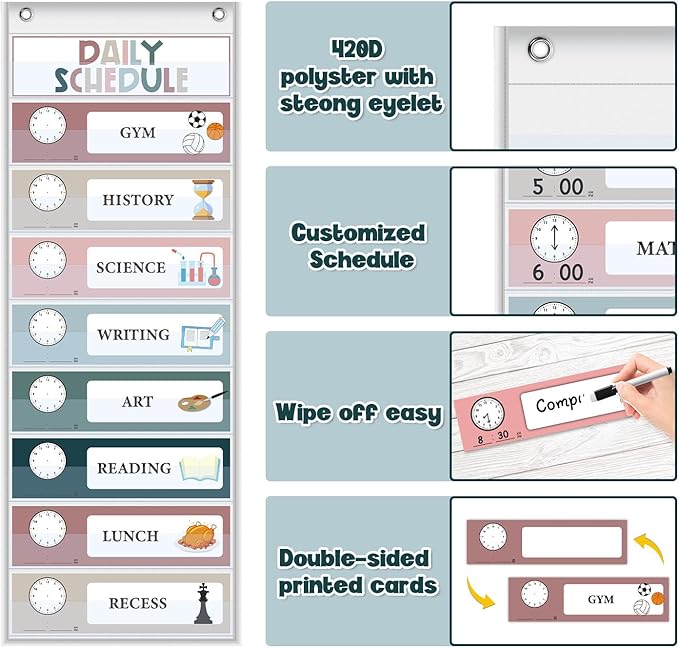 Monthly Calendar Pocket Chart for Classroom, Printed Days of The Week with Cards, Learning for Home or Kindergarten, Teacher Must Have Supplies That Fits Any School Décor (White Calendar+Daily Schedule)