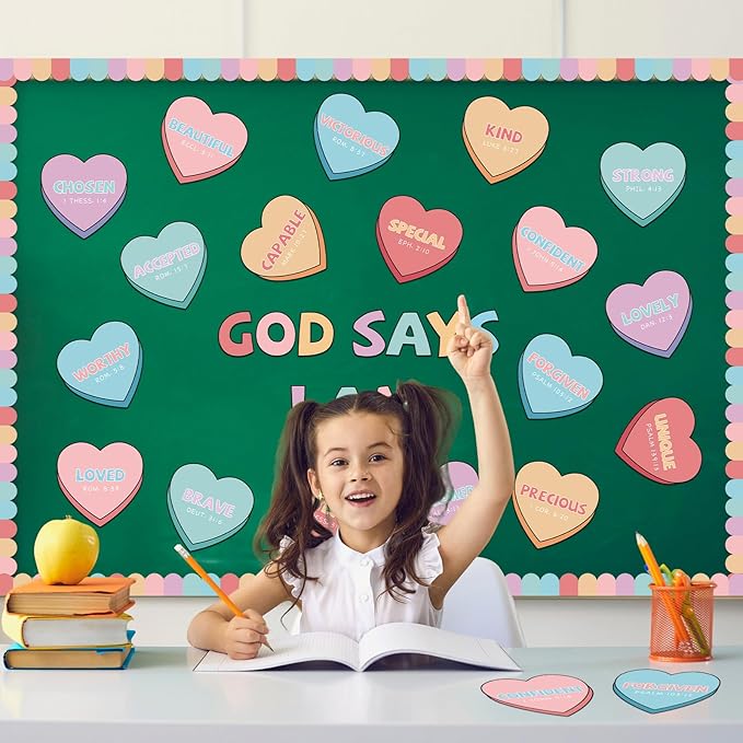 Kosiz 64 Pcs Valentine's Day Christian Hearts Bulletin Board Decoration Religious Candy Heart Cutouts for Church Sunday School Classroom Chalkboard Wall Decor
