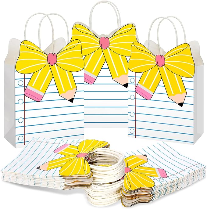 Kolldenn Teacher Gift Bags Composition Paper Bags with Handles Notebook Line Teacher Appreciation Graduation Gifts Bag for Kindergarten Preschool End of Year Party Favors Wrapping(24 Pcs,Notebook)