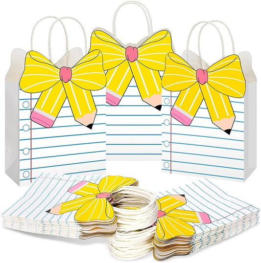 Kolldenn Teacher Gift Bags Composition Paper Bags with Handles Notebook Line Teacher Appreciation Graduation Gifts Bag for Kindergarten Preschool End of Year Party Favors Wrapping(24 Pcs,Notebook)