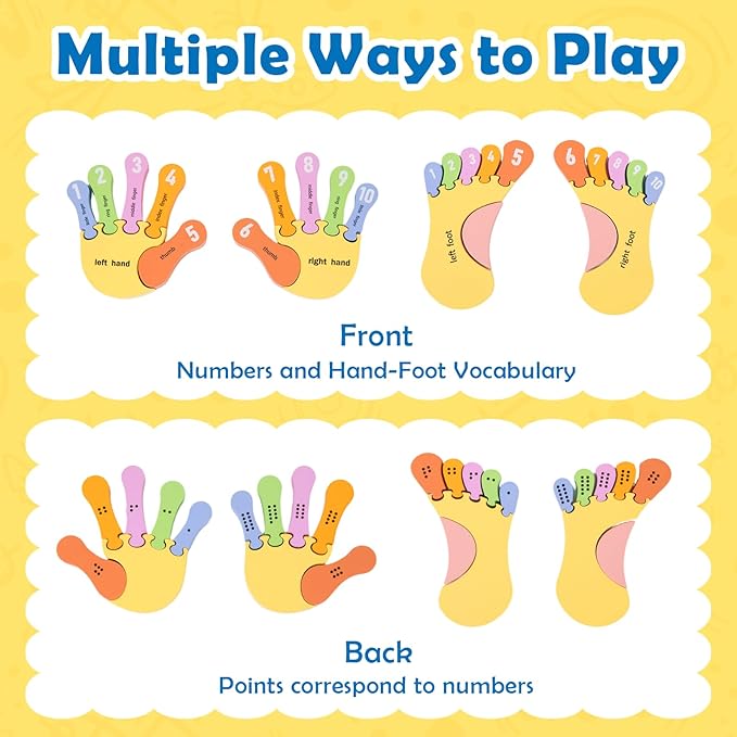 Adena Montessori Number Counting Blocks - Wooden Hands and Feet Shape Toy for Kids, Sorting & Counting Math for Home Classroom, Learn Numbers & Left and Right with Safe Wooden Blocks for Toddlers 3-4
