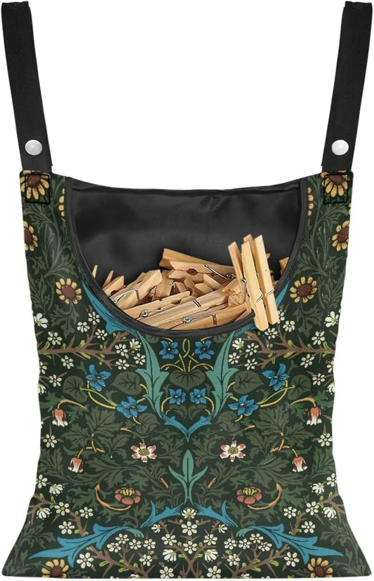 Vintage Scabious Leaf Print Reinforced Clothespin Holder Bag 14.5x12in - Large Capacity Storage with Easy Access Design - Weatherproof Hanging Organizer for Backyard Clotheslines