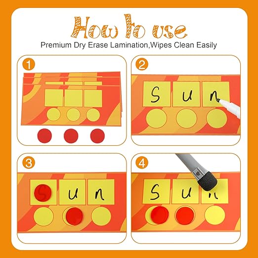 Sound Box Mats and Chips 24 Pcs Dry Erase Mats and 84 Pcs Chips Phonemic Awareness Games Phonics Reading Games Ezread Sound Box Kit(Adorable Style,Cardboard)