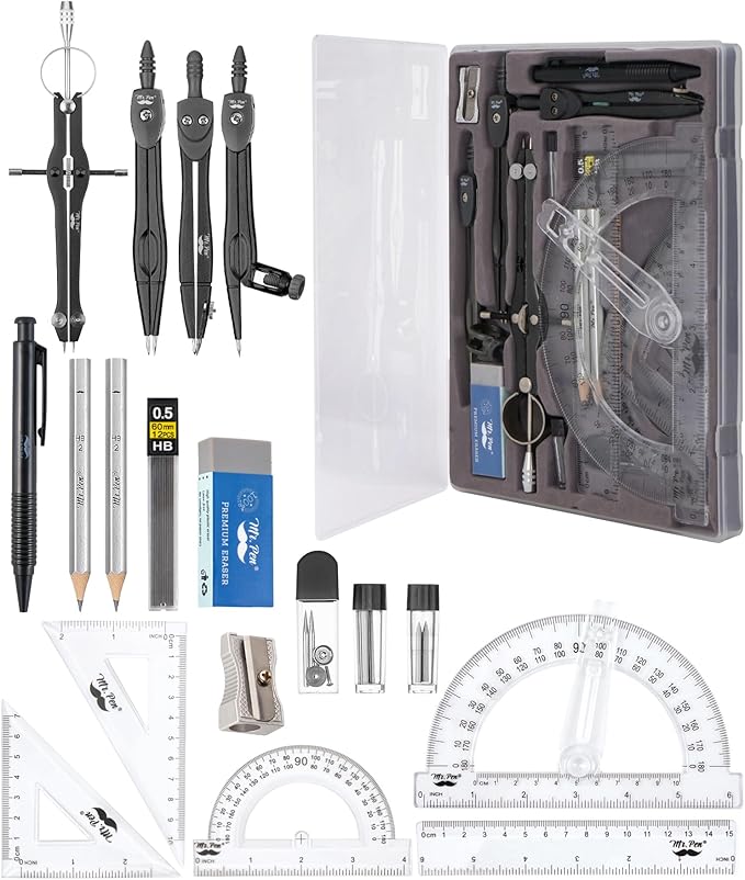 Mr. Pen- Geometry Set, 15 pcs, Black, 6 Inch Swing Arm Protractor, Divider, Set Squares, Ruler, Compasses and Protractor