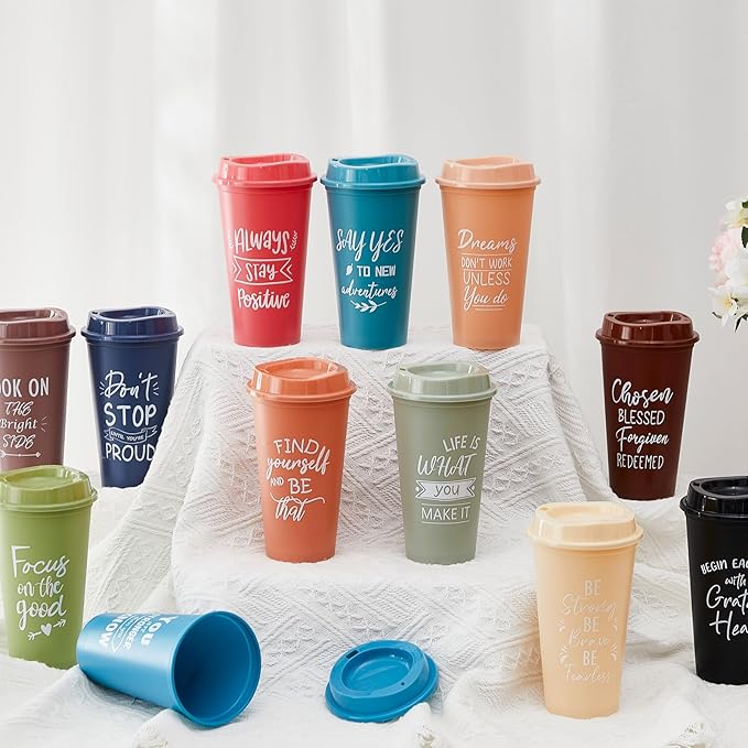 24 Pcs Inspirational Gifts for Employee Coworkers Staff Teammate, 16oz Reusable Plastic Coffee Cups with Positive Sayings, Bundle Gifts for Woman Man Coworker (Morandi Color,Inspirational)