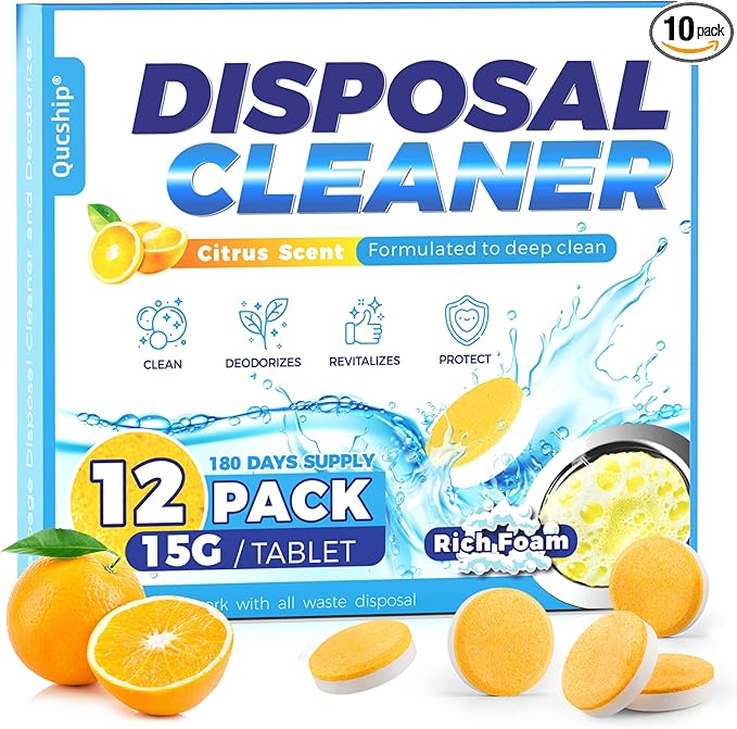 Qucship Garbage Disposal Cleaner Deodorizer - 12 Pack, Foaming Citrus Sink Freshener - XXL Tablets Eliminate Odors, Natural Septic Safe Food Disposer Maintenance