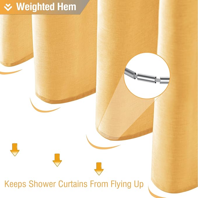BTTN Gold Fabric Shower Curtain - Linen Textured Weighted Cloth Shower Curtain Set with 12 Plastic Hook, Machine Washable, Modern Hotel Spa Luxury, Decorative Neutral Bath Curtains for Bathroom, 72x72
