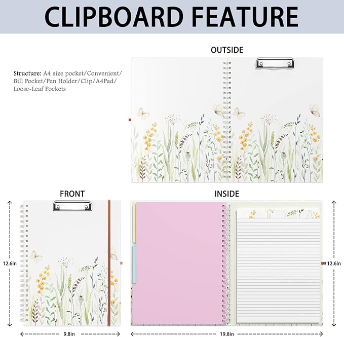 Rimilak Spiral Clipboard Folio with Refillable Lined Notepad, 14.5 x 9.8 In, Hardcover Cover with 5 Interior Pockets, Elastic Band and Pen Loop Series. Cute Stylish Clipfolio, Butterfly Flower