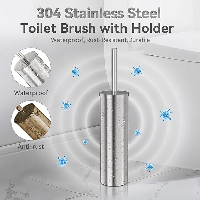 DOWRY Stainless Steel Freestanding Toilet Bowl Brush and Holder with Long Handle for Bathroom Storage Organization,Sturdy Deep Cleaning Toilet Bowl Cleaner,Nickel Round 2PCS