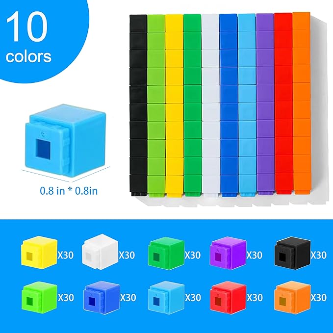 Math Manipulatives Linking Cube Toys For Kids 300 Cubes, Educational Counting Toys Classroom Learning Supplies, Preschool Plastic Counting Blocks for Kindergarten Homeschool Learning, Kids Ages 3+