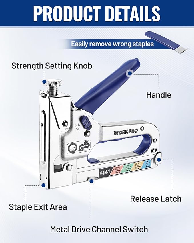 WORKPRO 4-in-1 Staple Gun, Manual Brad Nailer with 2000 Counts Staples, Upholstery Stapler Nail Gun for Fixing Material, Decoration, Carpentry, Furniture, Doors and Windows