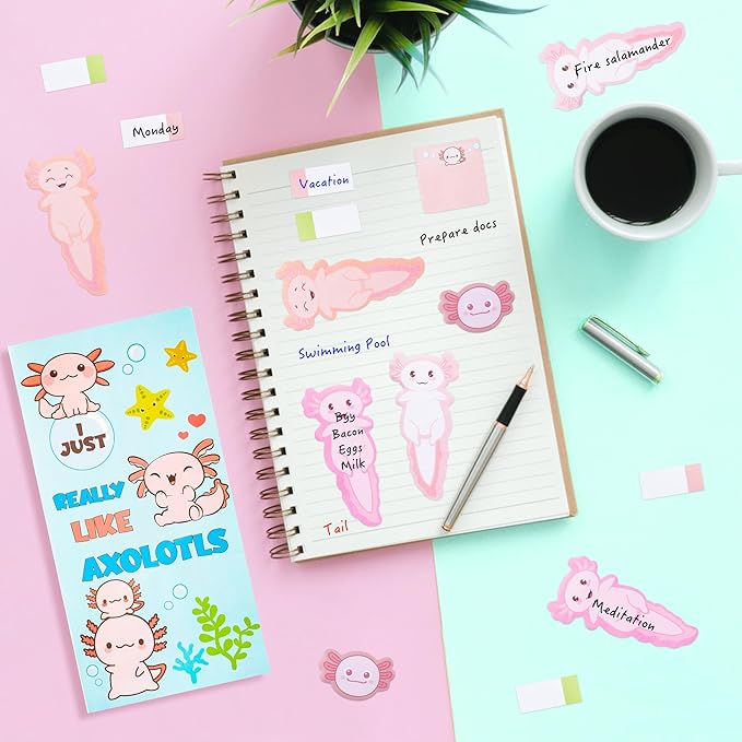 Xqumoi 2 Pack I Just Really Like Axolotl Sticky Notes Set - Animal Mexican Walking Fish Self-Stick Notes Pads Divider Tabs Bundle Writing Memo Pads Page Marker Back to School Office Supplies Gift