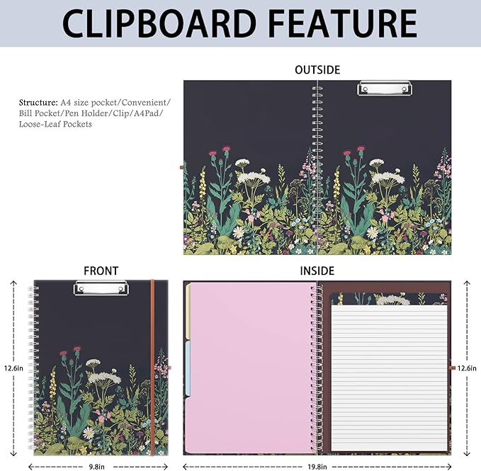 Rimilak Spiral Clipboards Folio with Refillable Lined Notepad, 14.5 x 9.8 In, Hardcover Cover with 5 Interior Pockets, Elastic Band and Pen Loop Series. Cute Stylish Clipfolio, Daisy Flower