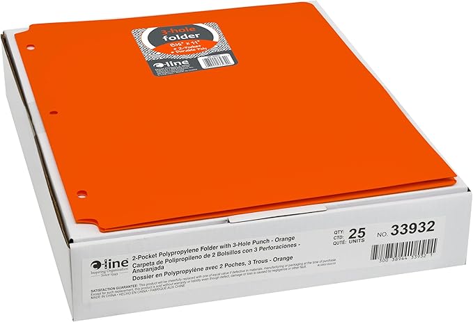 C-Line Two-Pocket Heavyweight Poly Portfolio Folder with Three-Hole Punch, Box of 25, Orange (33932-25)
