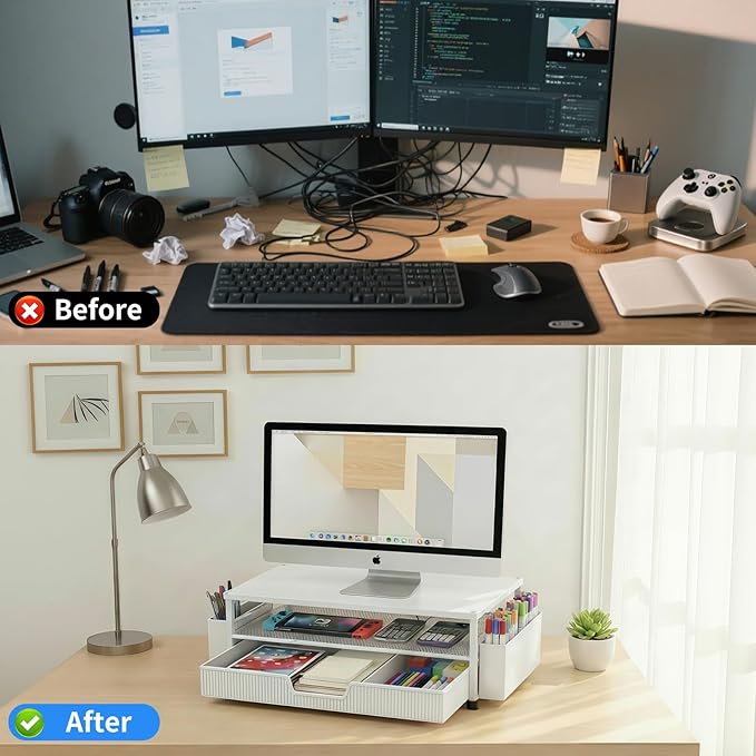 Desk Organizer and Accessories, 2-Tier Computer Monitor Stand Rise with Storage Drawer & 2 Pen Holders, Laptop & Printer Stand for Desktop, Workspace Organizers for Office Supplies (White)