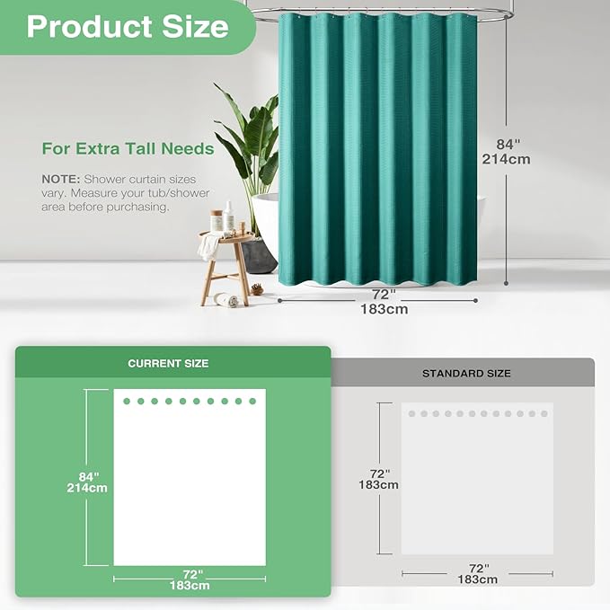 Dynamene Extra Long Shower Curtain - 84 Inch Long Green Fabric Waffle Weave Heavy Duty Shower Curtain for Bathroom, Weighted Hotel Thick Cloth Shower Curtain Set with 12 Hooks,72x84, Seaweed Green