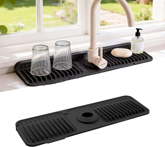 Faucet Mat for Kitchen Sink, 17.7"X5.5" Silicone Sink Splash Guard with Soap Holder, Snap-On Design & 7°slope Fast Drain, Folding Sink Faucet Mat for Universal Kitchen Bathroom Sink（Black）