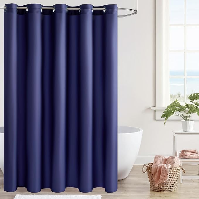 Furlinic Stall Size Shower Curtain No Hooks Needed,Half Size Polyester Fabric Bathroom Curtains with 6 Split Grommets,Hotel Quality,Waterproof & Machine Washable,Navy Blue,48x78 Inch.