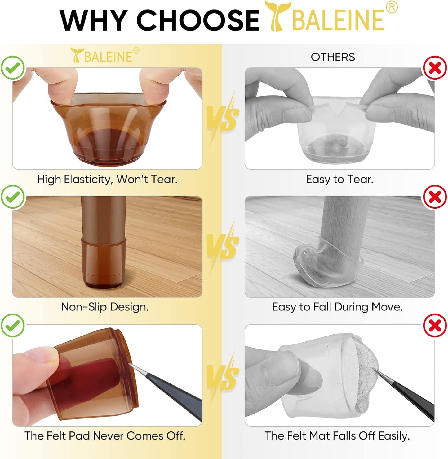 BALEINE 16 Pack Silicone Chair Leg Floor Protectors, Stool Leg Protectors Cap, Non-Slip Chair Leg Caps for Hardwood Floors (Brown & Large, 16 Pack)