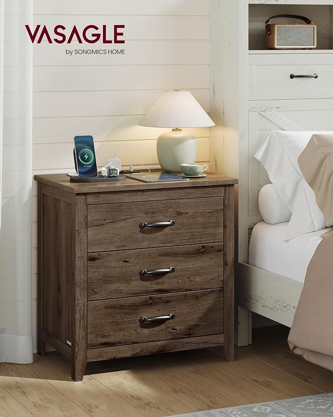VASAGLE LIRY Collection - Farmhouse Nightstand with Charging Station, Set of 2, Bedside Tables, Side End Tables with 3 Drawers, for Bedroom, Taupe Brown ULET979T01