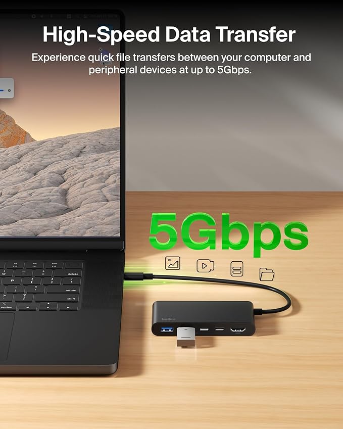 Belkin USB C Hub, 5-Port Hub w/ 4K HDMI Display @ 60Hz, 100W Power Delivery, Fast Data Transfer 5Gbps, USB C Multiport Adapter for MacBook, iPad Pro, Chromebook, & More - Upgraded HDMI 2.0