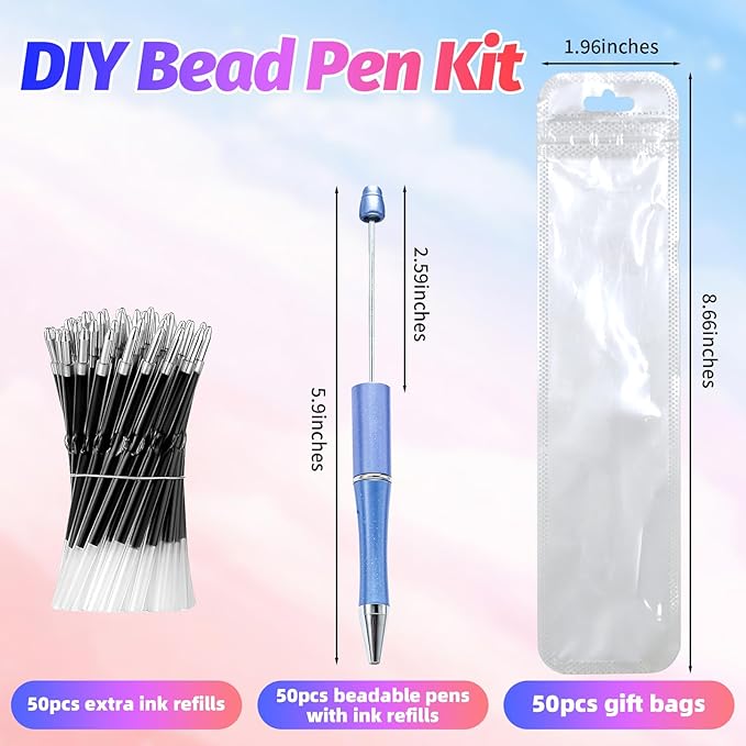 150 Pieces DIY Beadable Pen Kit – 50 Plastic Ballpoint Pens with Refills & Bags – School Supplies, Office Accessories & Decorative Items for Students & Teachers (Blue)