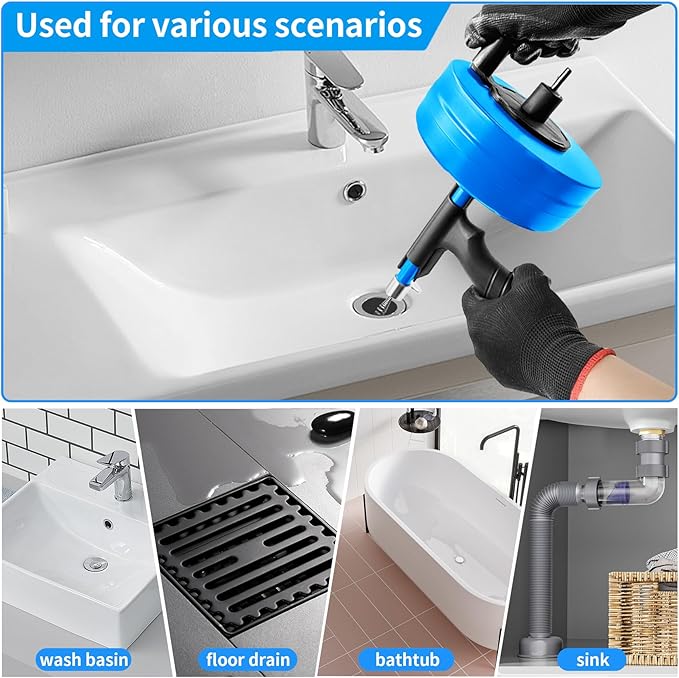 50 Ft Drain Snake, Plumbing Snake with Drill Attachment, Manual & Drill-Powered Drain Auger for Shower, Sink, Bathroom and Kitchen, with Gloves and Storage Bag