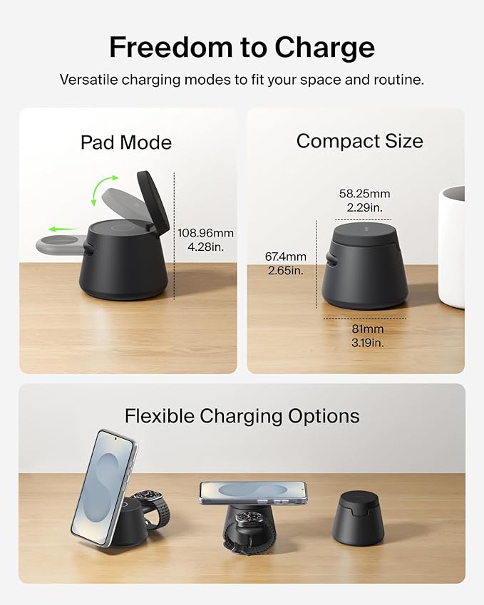 Belkin 3-in-1 Wireless Charging Station for Samsung Galaxy S26, Android - Qi2.2 25W Magnetic Charger for Pixel 10, iPhone 17, USB C Port for Galaxy, Pixel, & Apple Watch (Watch Charger Not Included)