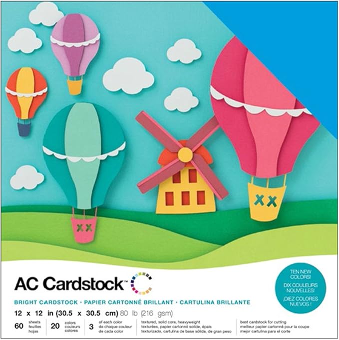 Cardstock 12x12 Scrapbook Paper Pack - Textured Heavy Duty Paper for Die Cutting, Card Making, Crafts - 60 Square Sheets, 20 Unique Colors, 80lb (216gsm), Solid Core - Brights