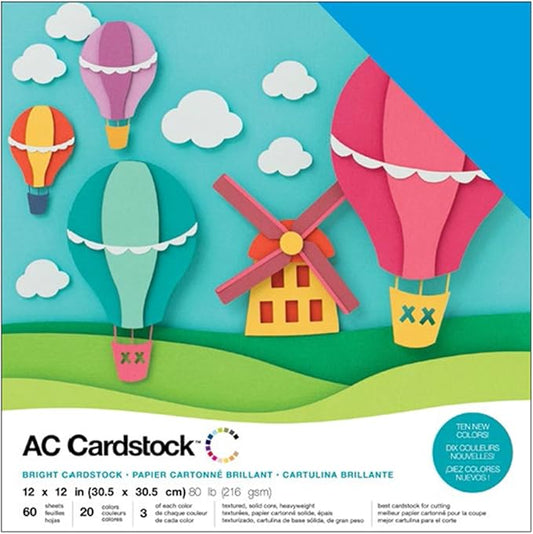 Cardstock 12x12 Scrapbook Paper Pack - Textured Heavy Duty Paper for Die Cutting, Card Making, Crafts - 60 Square Sheets, 20 Unique Colors, 80lb (216gsm), Solid Core - Brights